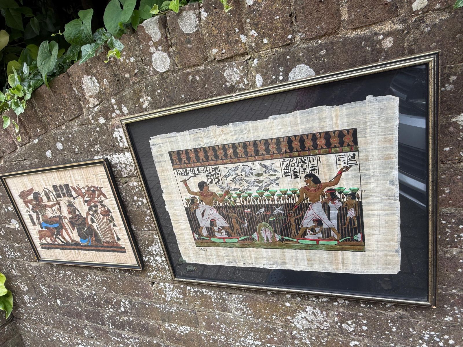 Two Vintage Framed Papyrus Replicas   Pharaoh And Tomb Of Nebamum   Excellent Quality, Hand Painted Egyptian Vintage Art photo 78.0