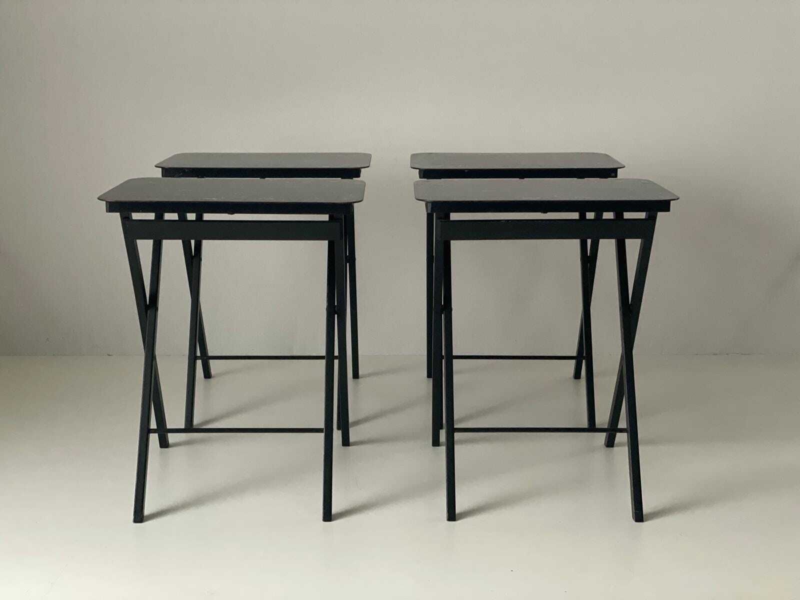 Marble Looking Top Set Of 4 Serving Tables By Artex Green Corp, Folding Stack Tables With Stand, Made In USA photo for sale
