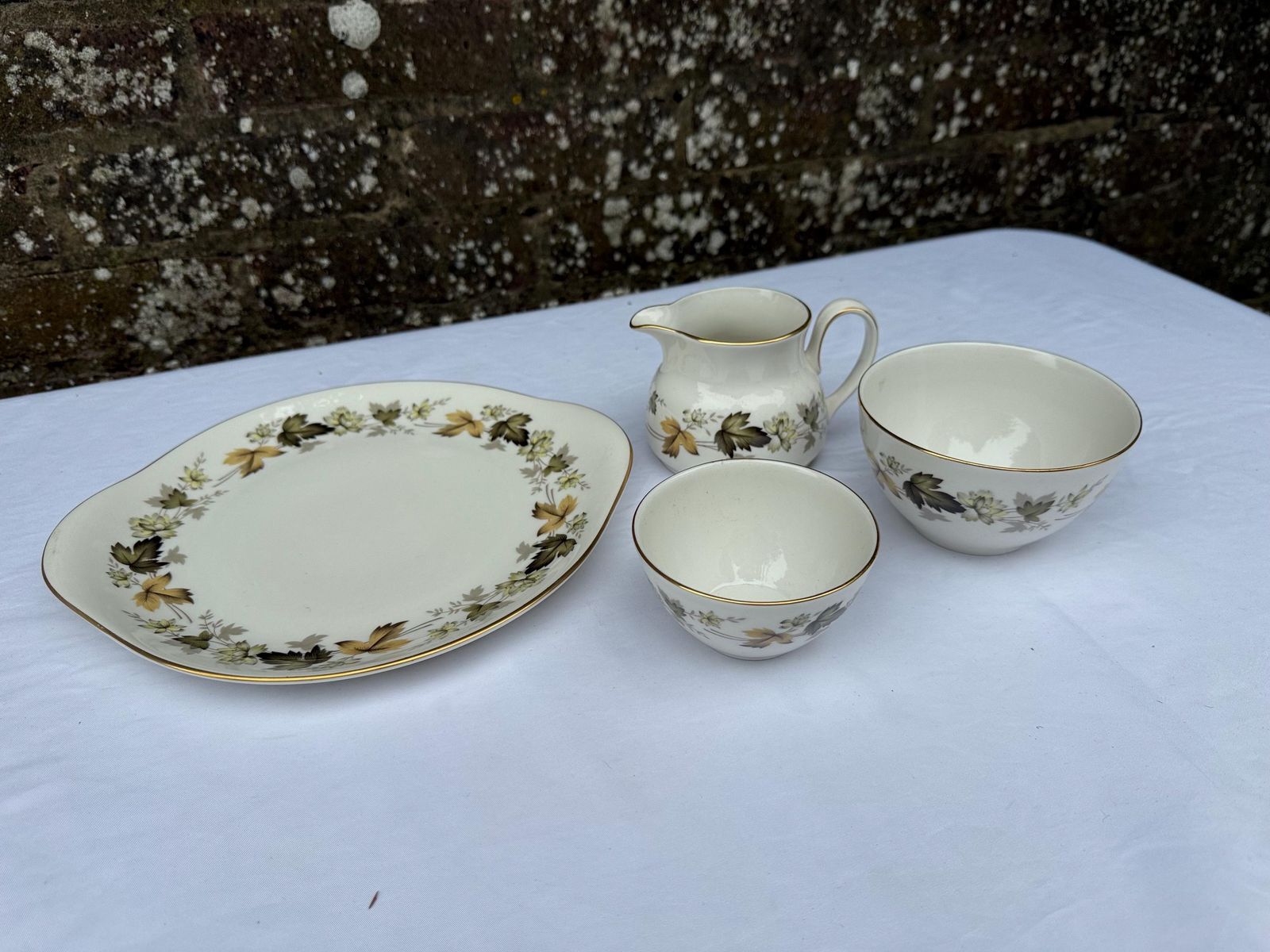 Rare Vintage 1960s Royal Doulton Larchmont Dinner Service – Gold Trim, Autumn Leaves Pattern   6 Place Setting Plus More, 63 Pieces photo vintage