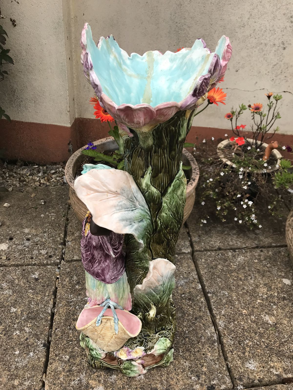 Continental Majolica Figural Flower Vase Circa 1895 photo for sale