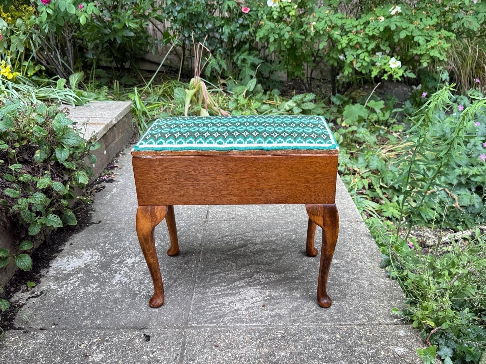 Vintage Retro Wooden Sewing Box Stool With Colourful Retro Needlepoint Top – Cabriole Legs & Internal Compartment   Sturdy Stool   1960s/70s photo furniture