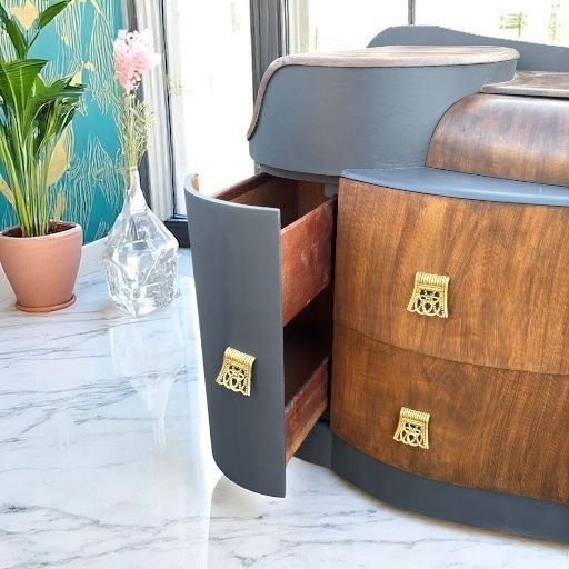 Art Deco Painted Dressing Table Burr Walnut Veneer Black Gold photo Furniture