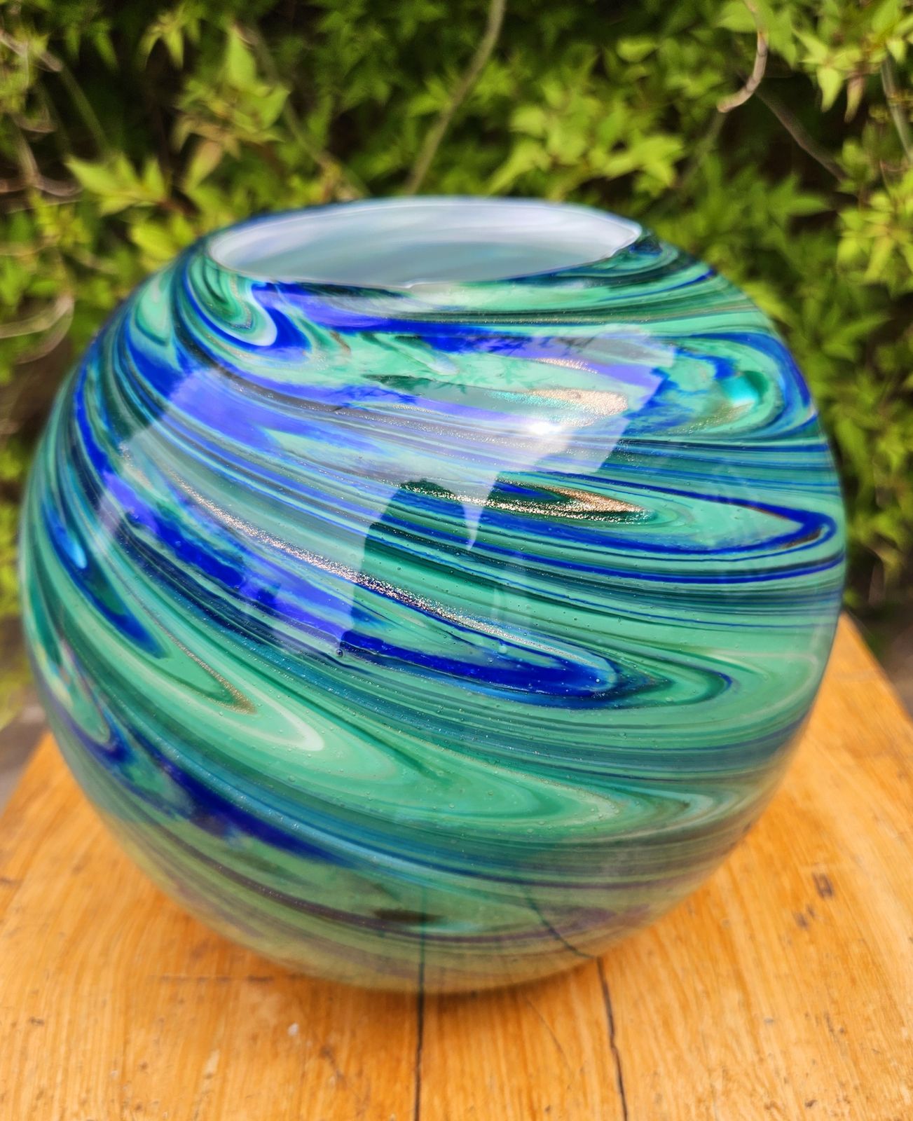 Spectacular Spherical Glass Vase In Swirled Greens & Blues photo for sale