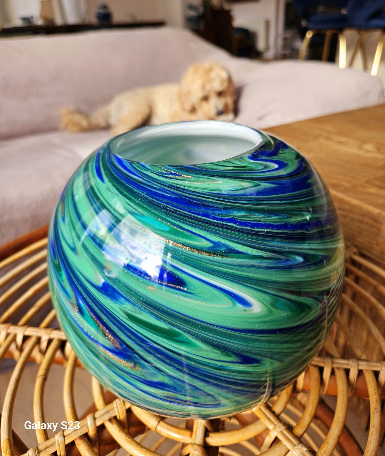 Spectacular Spherical Glass Vase In Swirled Greens & Blues photo Home Decor