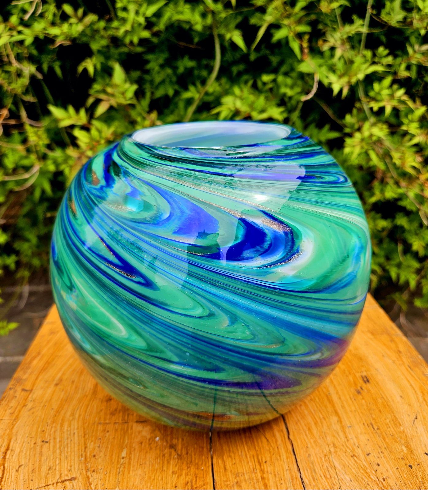 Spectacular Spherical Glass Vase In Swirled Greens & Blues photo vinterior