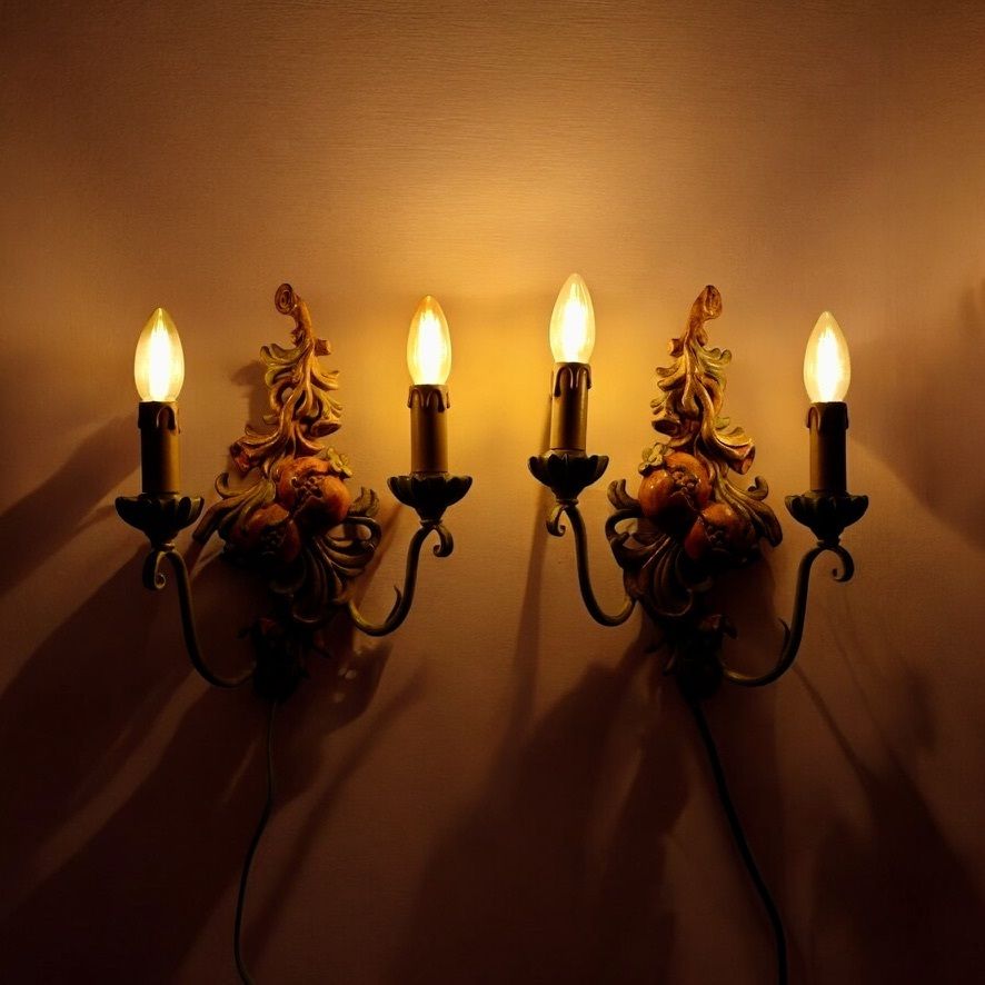 Pair Of Polychrome Carved Wood And Metal Wall Lights By Chelini, Firenze, 1980 photo for sale