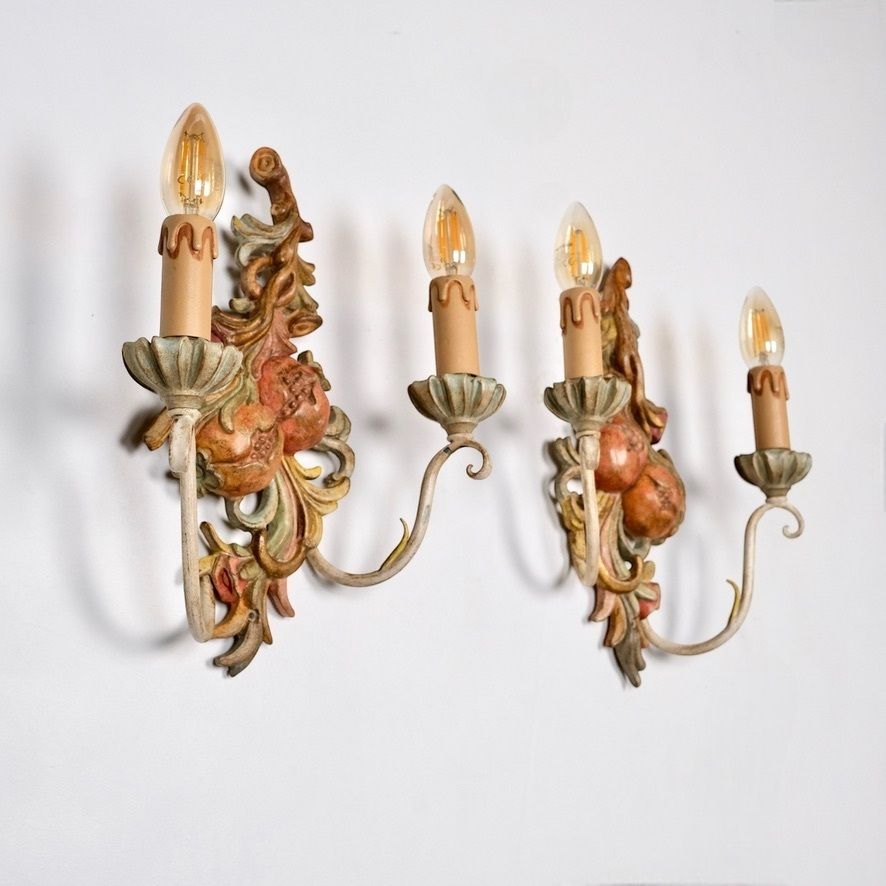Pair Of Polychrome Carved Wood And Metal Wall Lights By Chelini, Firenze, 1980 photo buy
