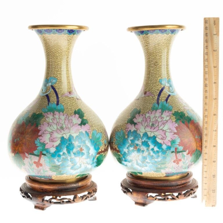 Pair Of Chinese Cloisonne Yellow Enamel Bronze Blossom Vases On Stands