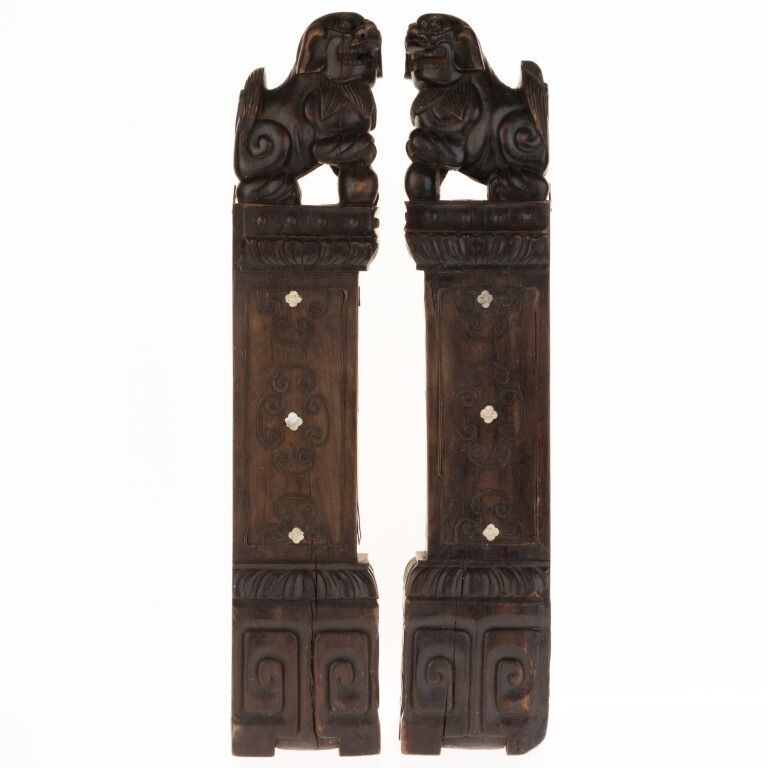 Antique Chinese Hardwood Foo Dogs Wall Mounts With Inlaid Bronze & Mother Of Pearl