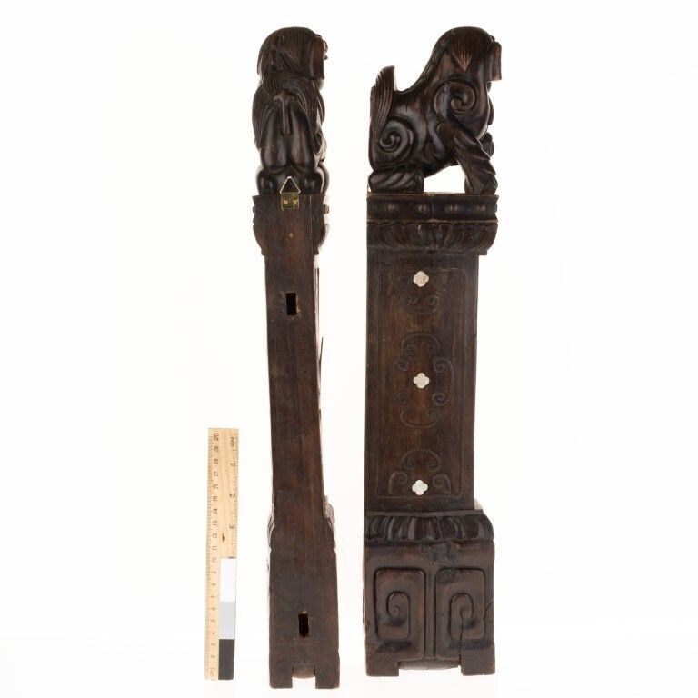Antique Chinese Hardwood Foo Dogs Wall Mounts With Inlaid Bronze & Mother Of Pearl photo Art