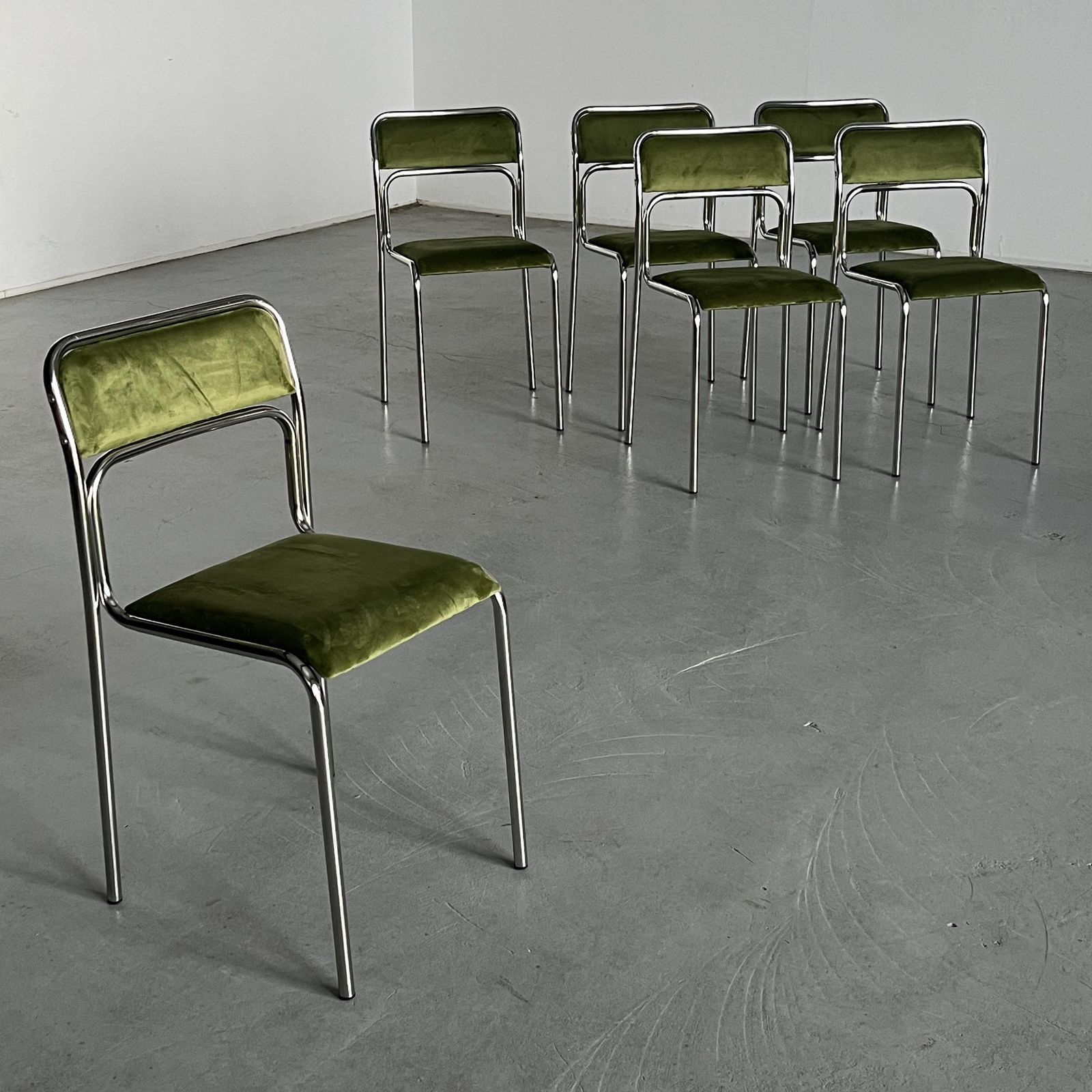 Set Of 6 Bauhaus Chrome Tubular Steel And Green Velvet Chairs / 80s Italian Modernist Stackable Dining Chairs photo furniture