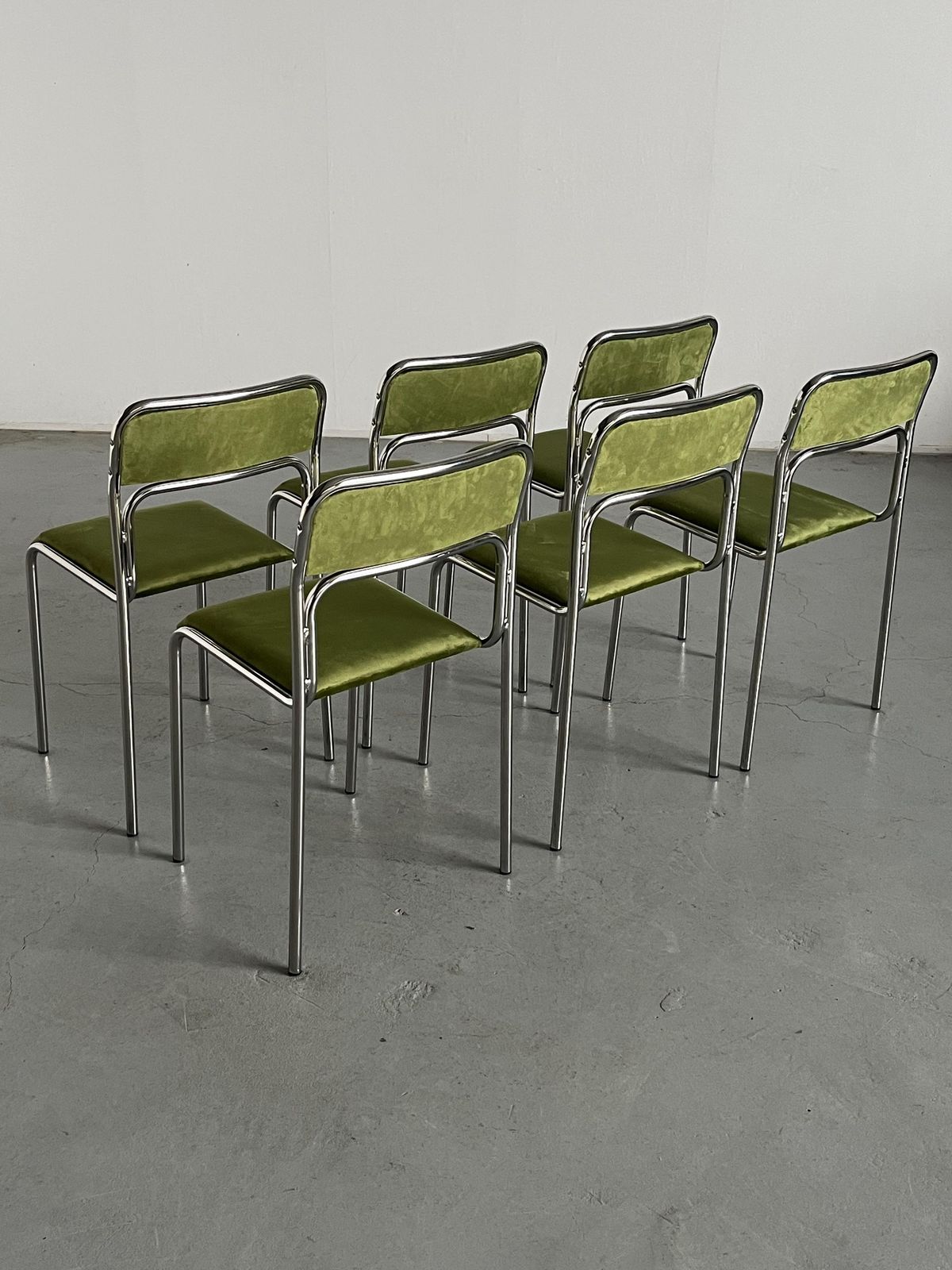 Set Of 6 Bauhaus Chrome Tubular Steel And Green Velvet Chairs / 80s Italian Modernist Stackable Dining Chairs photo Furniture