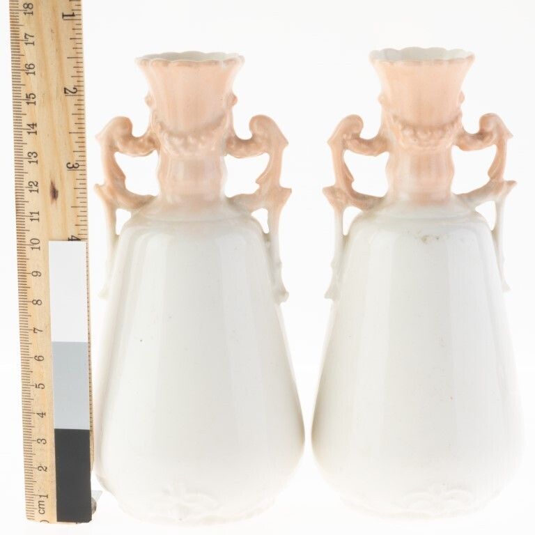 Antique Pair Of Art Nouveau Blush Porcelain Ceramic Floral Vases photo for sale