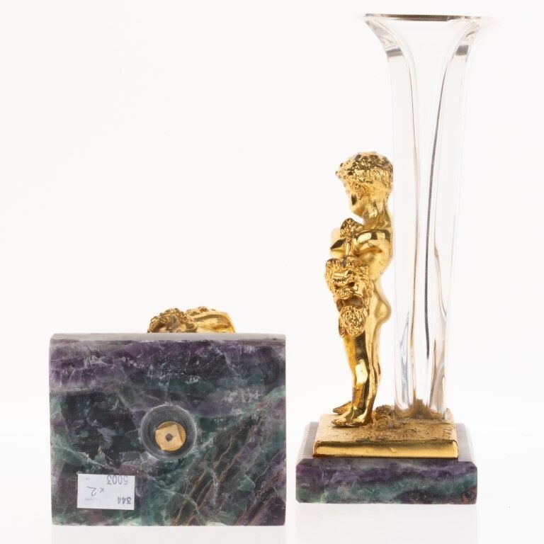 Antique Set Of French Gilt Bronze & Rock Crystal Cherub Vases With Blue John Base photo for sale