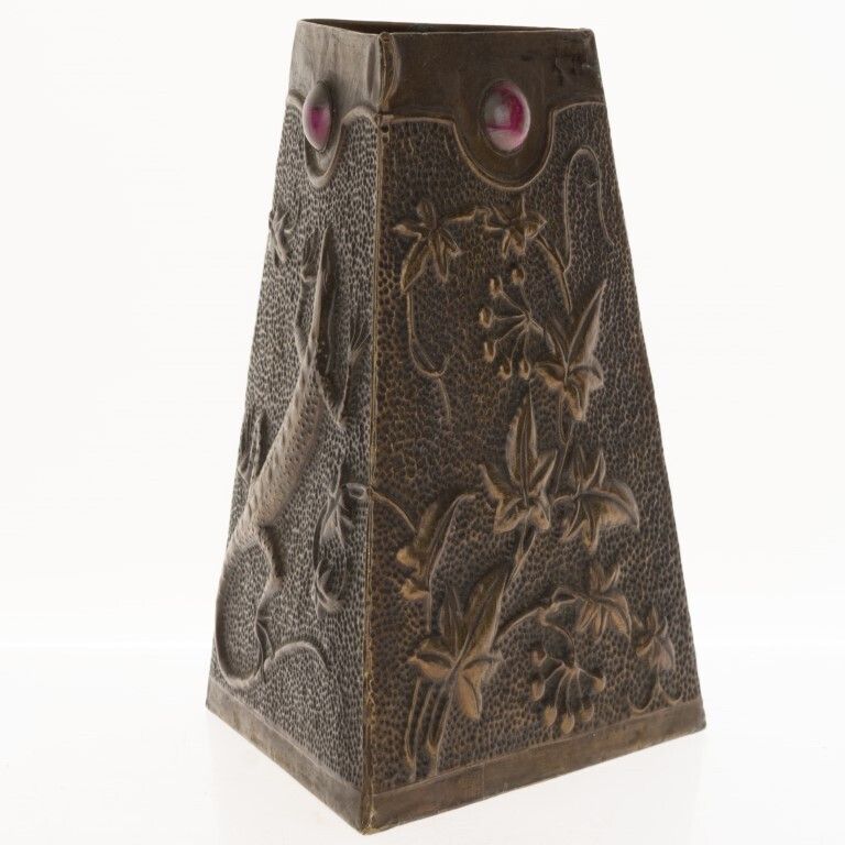 Art Nouveau Hammered Bronze Lizard Vase With Inlaid Stones