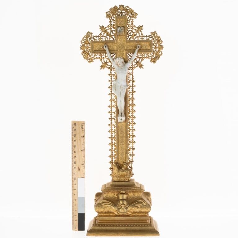 Antique Italian Giltwood & Biscuit Porcelain Religious Crucifix Early 20th Century photo for sale