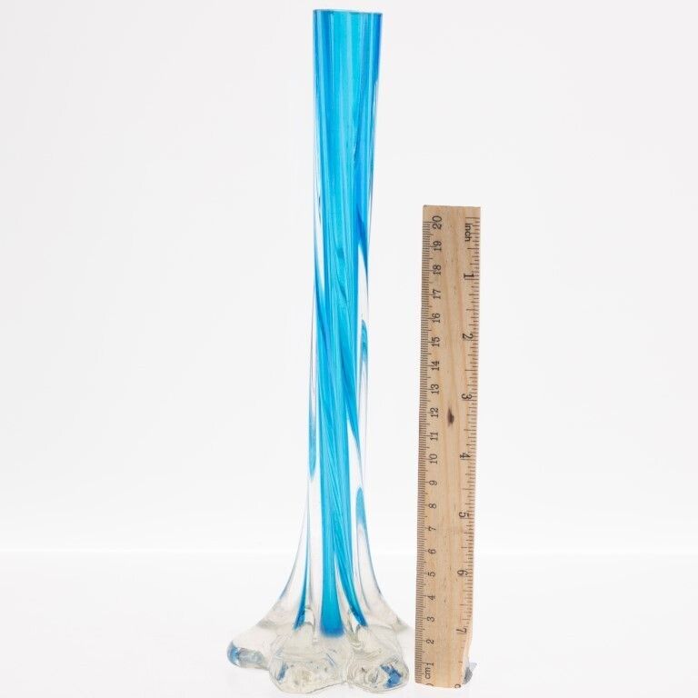 Mid Century Hand Blown Long Neck Aquamarine Glass Vase photo for sale