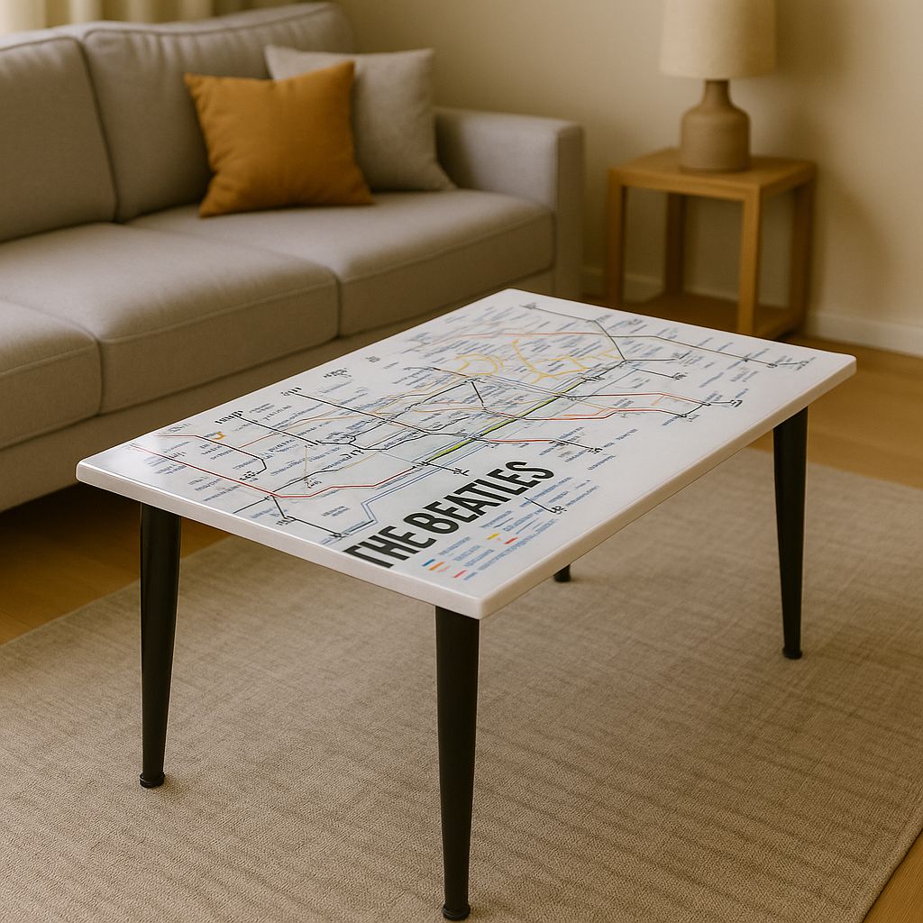 Handcrafted Beatles Song Map Resin Coffee Table – Music Inspired Art With Glossy Epoxy Top & Metal Legs For Living Room & Offices