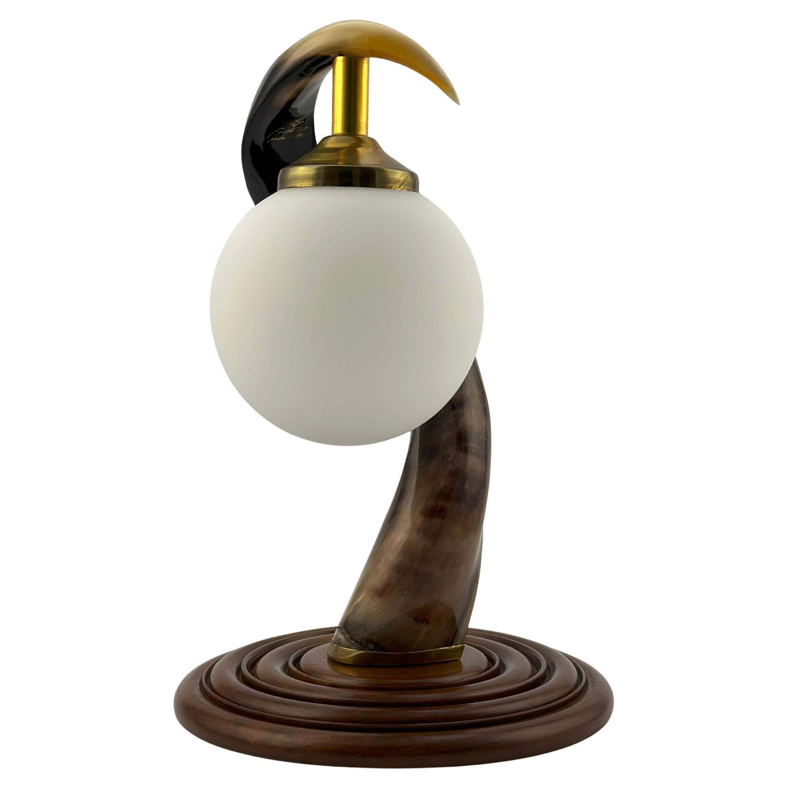 French Hunting Lodge Table Lamp In Mahogany And Polished Buffalo Horn, 1970s