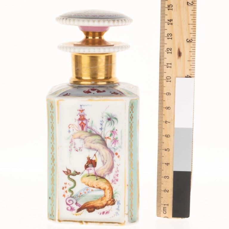 Antique Hand Painted French Chinoiserie Gilt Paris Porcelain Perfume Scent Bottle photo for sale