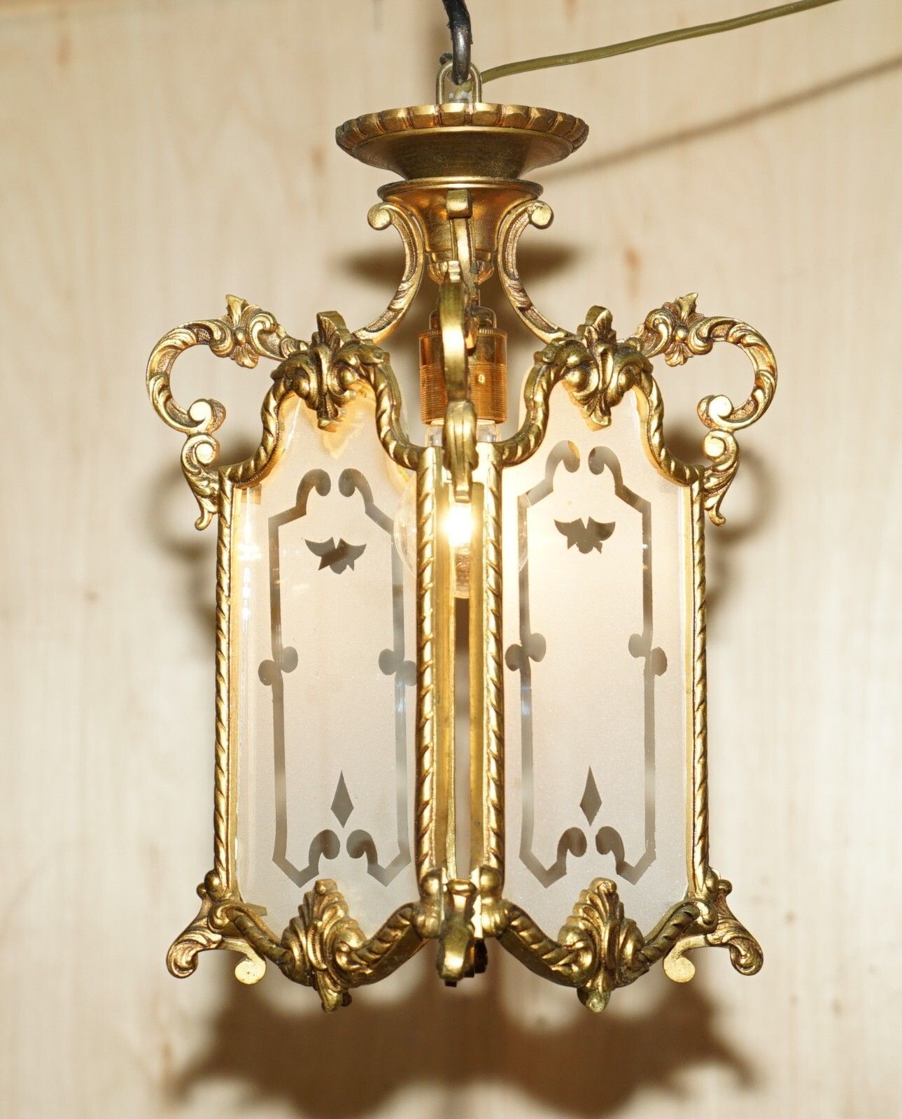 Pair Of Antique Circa 1920 Polished Brass Hanging Lanterns With Frosted Glass photo for sale