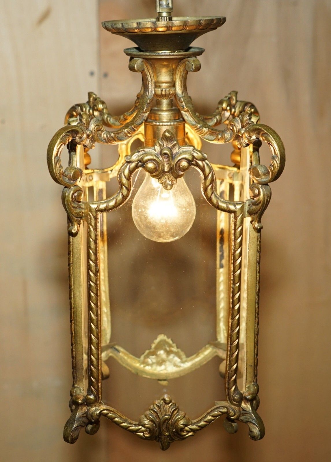 Pair Of Antique Circa 1920 Polished Brass Hanging Lanterns With Frosted Glass photo 1950.0