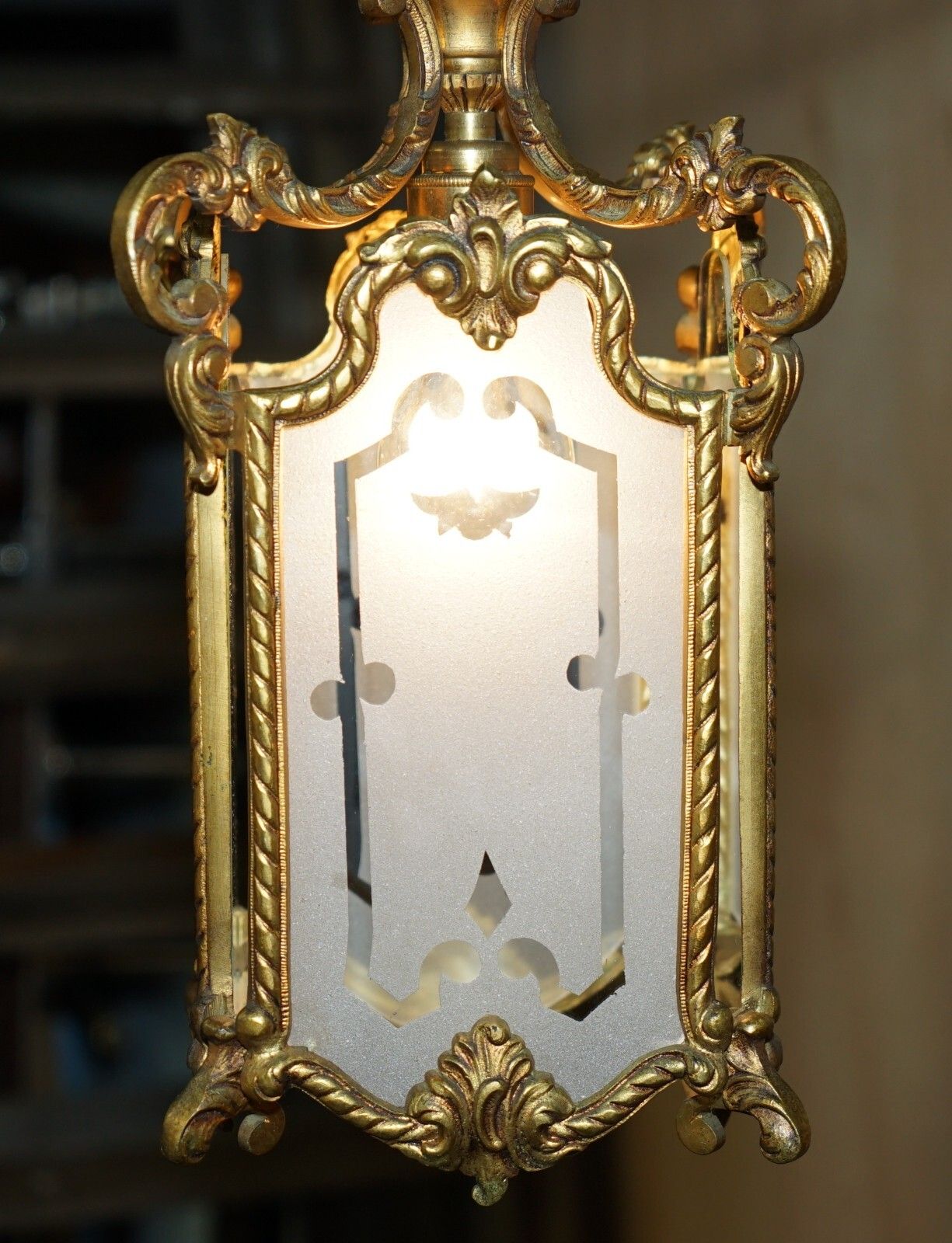 Pair Of Antique Circa 1920 Polished Brass Hanging Lanterns With Frosted Glass photo vintage