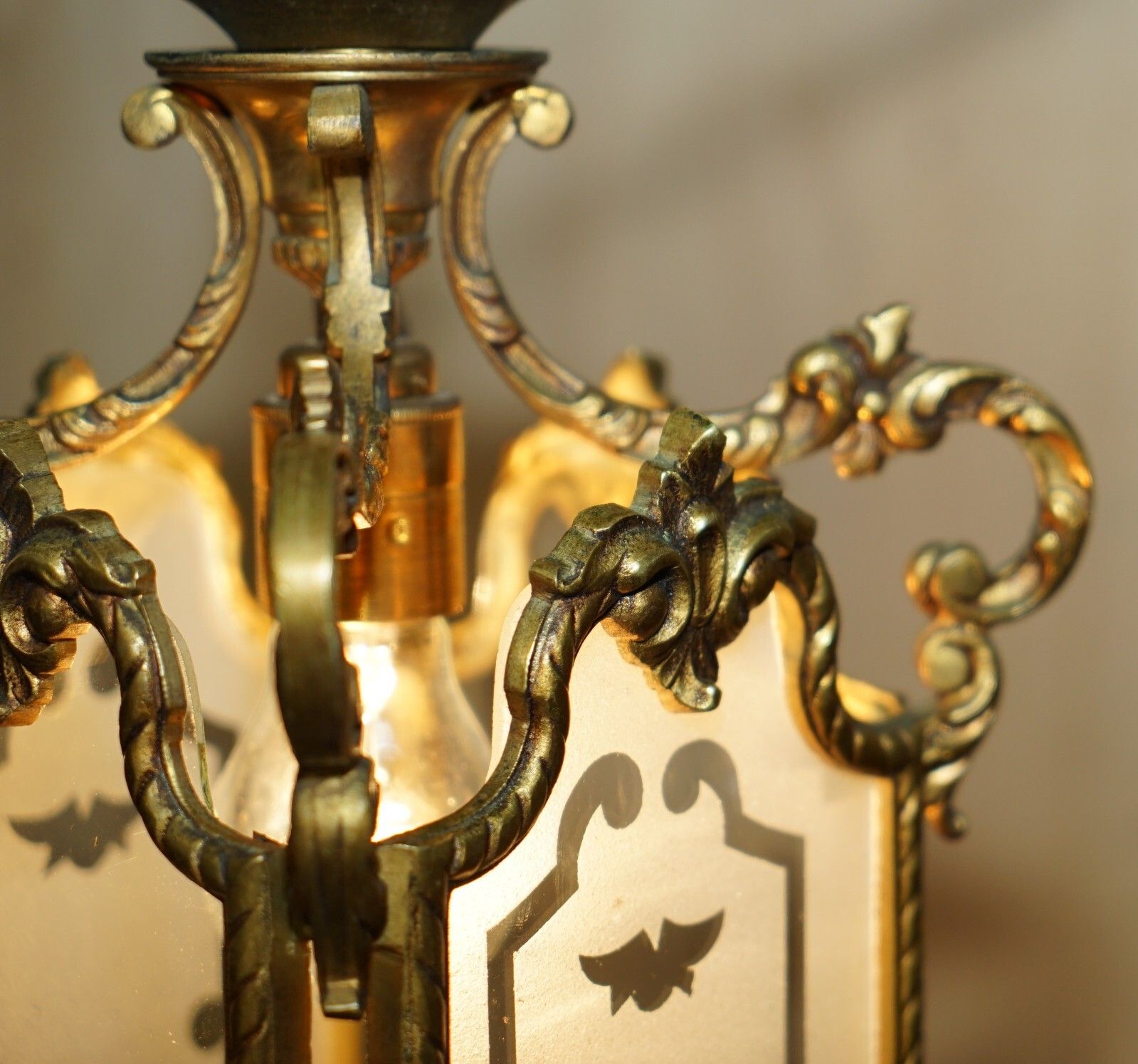 1950.0 Pair Of Antique Circa 1920 Polished Brass Hanging Lanterns With Frosted Glass photo