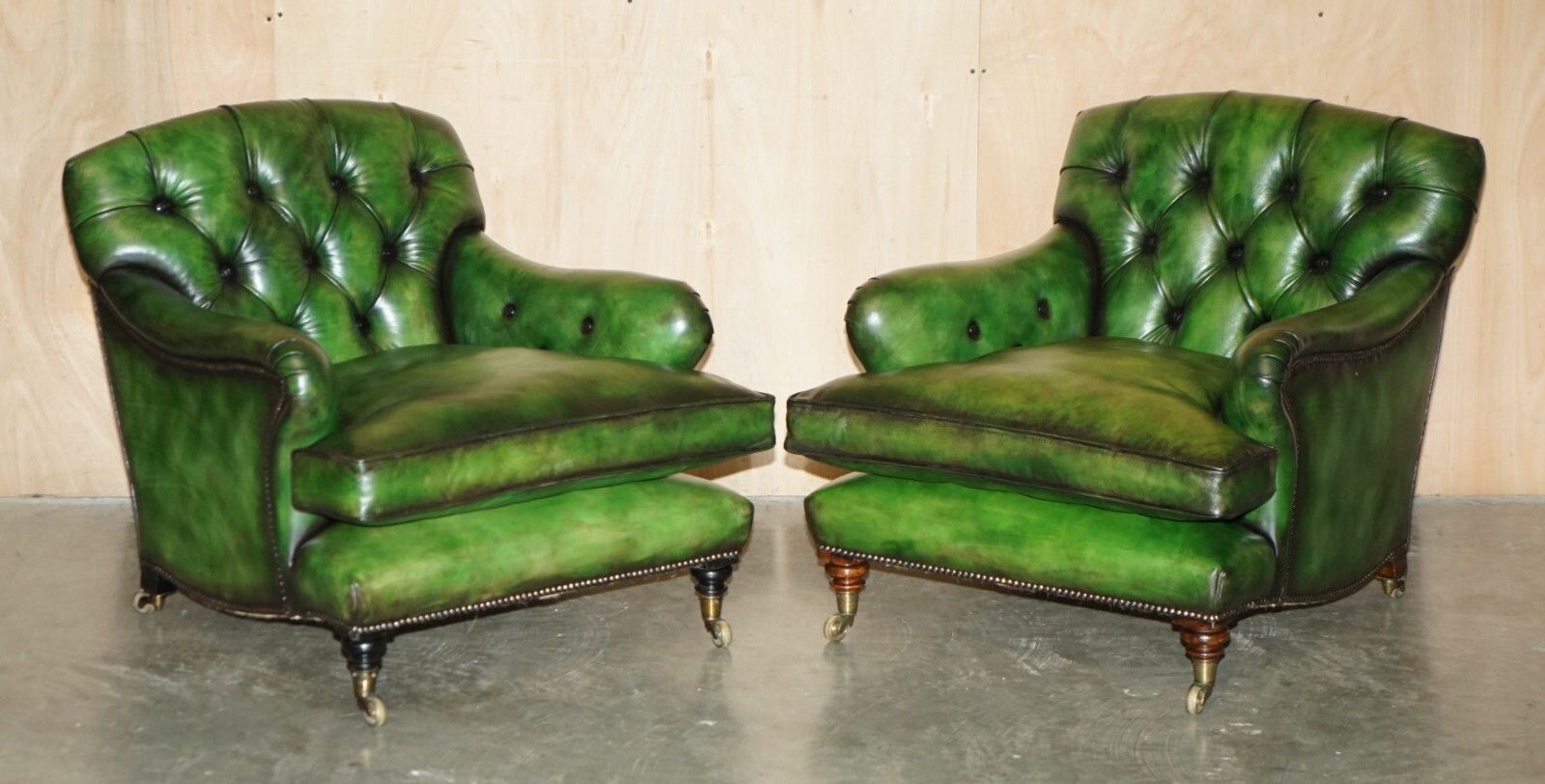 Pair Of Antique Howard & Son's Bridgewater Chesterfield Green Leather Armchairs