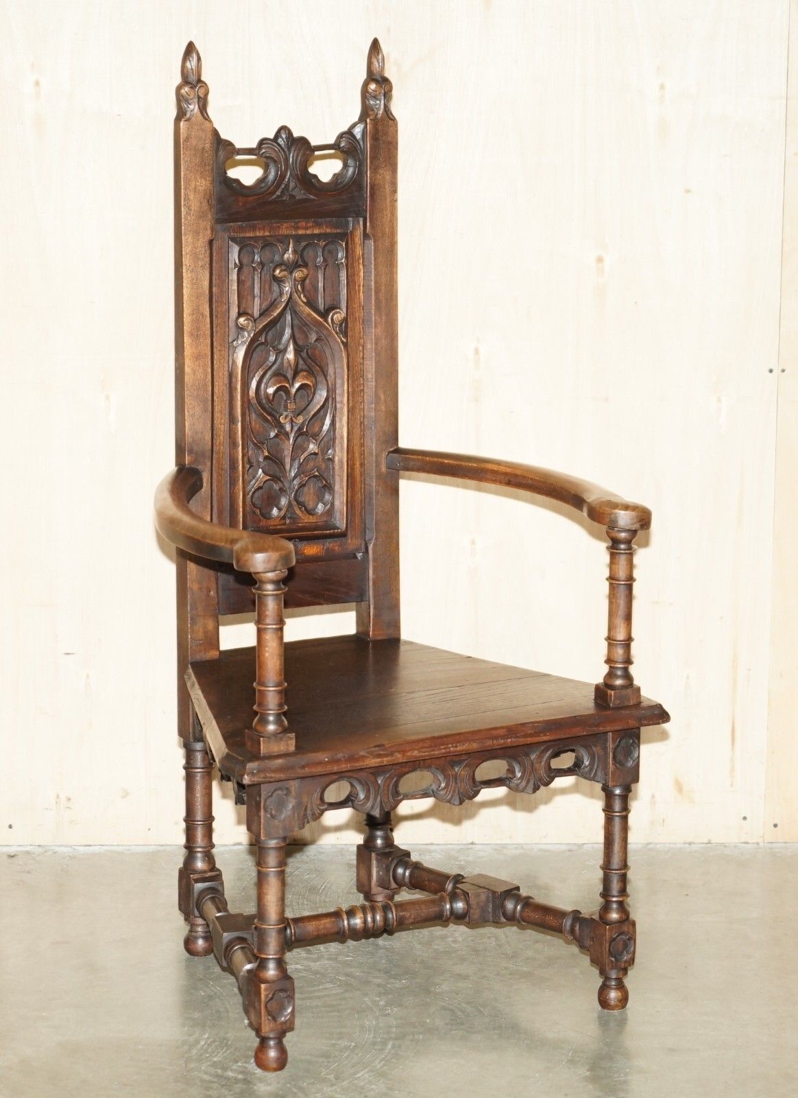 Lovely Gothic Revival Hand Made In England Oak Throne Armchair With Steeple Back