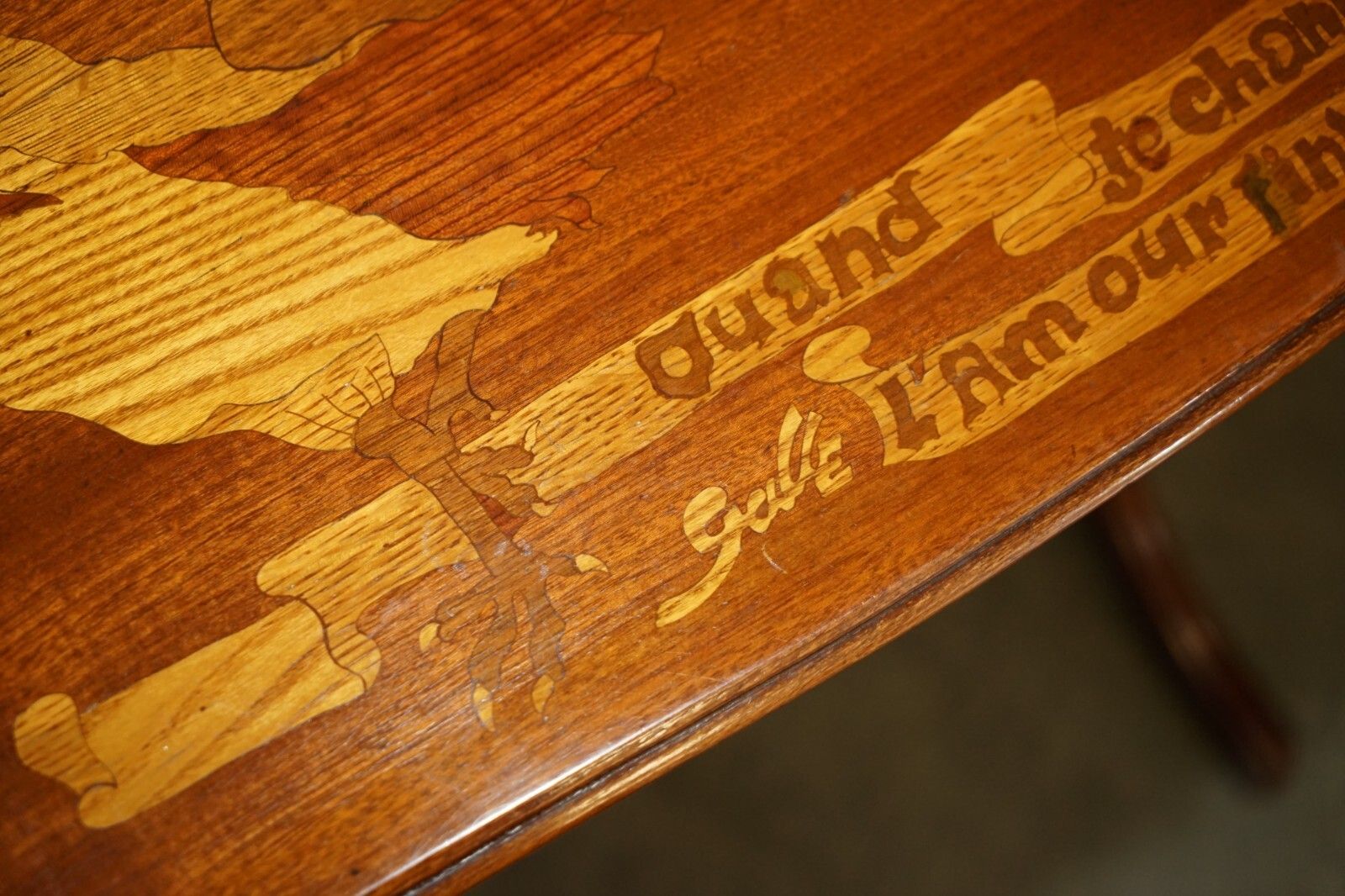 Very Rare Emile Galle Romantic Specimen Wood Table "When I Sing, Love Will End" photo vintage