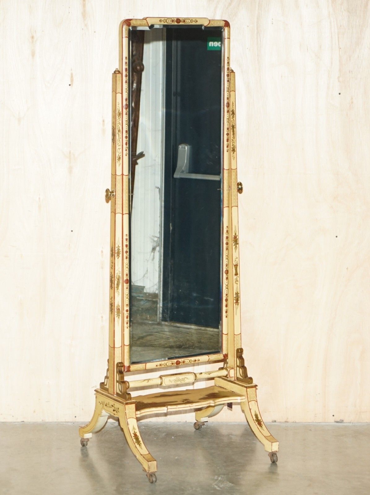 Stunning Antique Chinese Export Cir 1920 Hand Painted & Lacquered Cheval Mirror