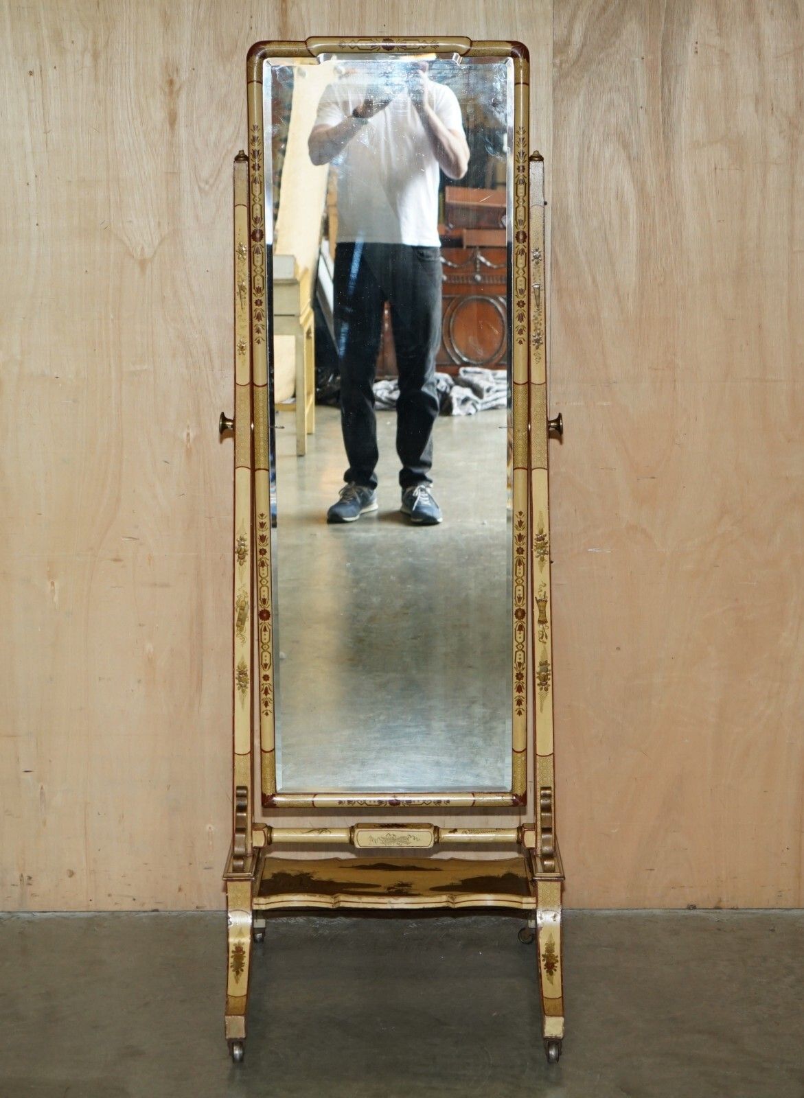 Stunning Antique Chinese Export Cir 1920 Hand Painted & Lacquered Cheval Mirror photo furniture