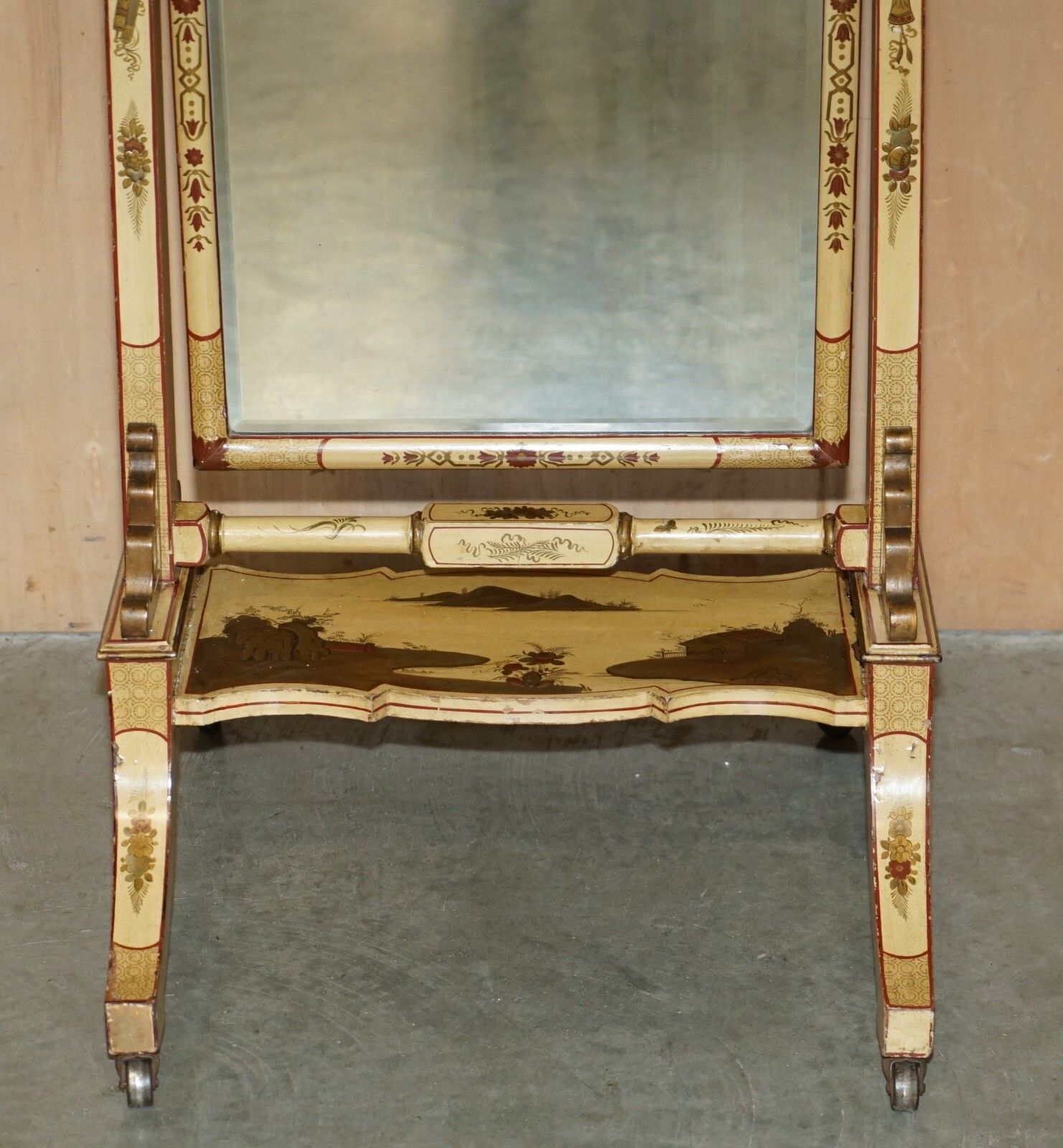 Stunning Antique Chinese Export Cir 1920 Hand Painted & Lacquered Cheval Mirror photo for sale