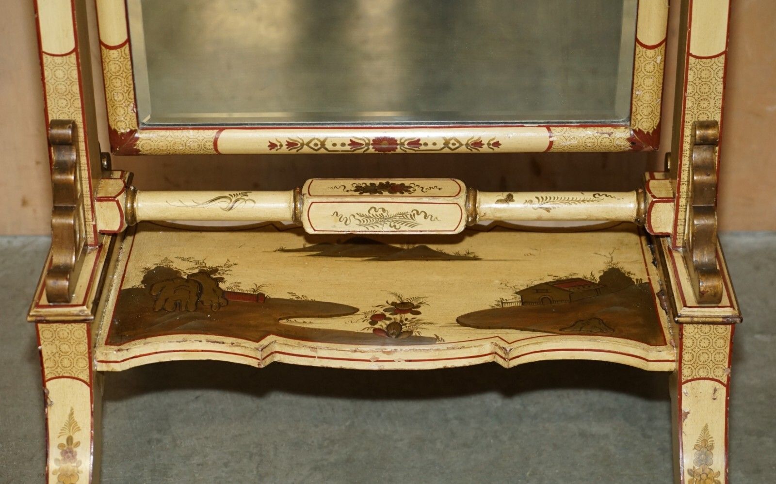 Stunning Antique Chinese Export Cir 1920 Hand Painted & Lacquered Cheval Mirror photo vintage
