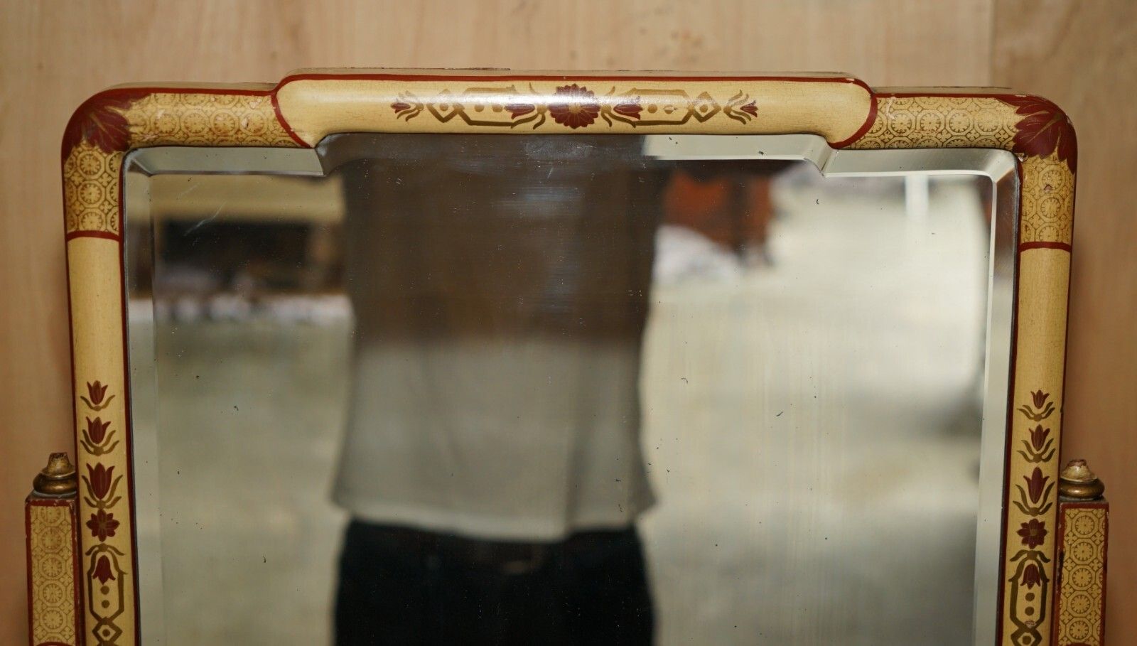 photo for sale Stunning Antique Chinese Export Cir 1920 Hand Painted & Lacquered Cheval Mirror