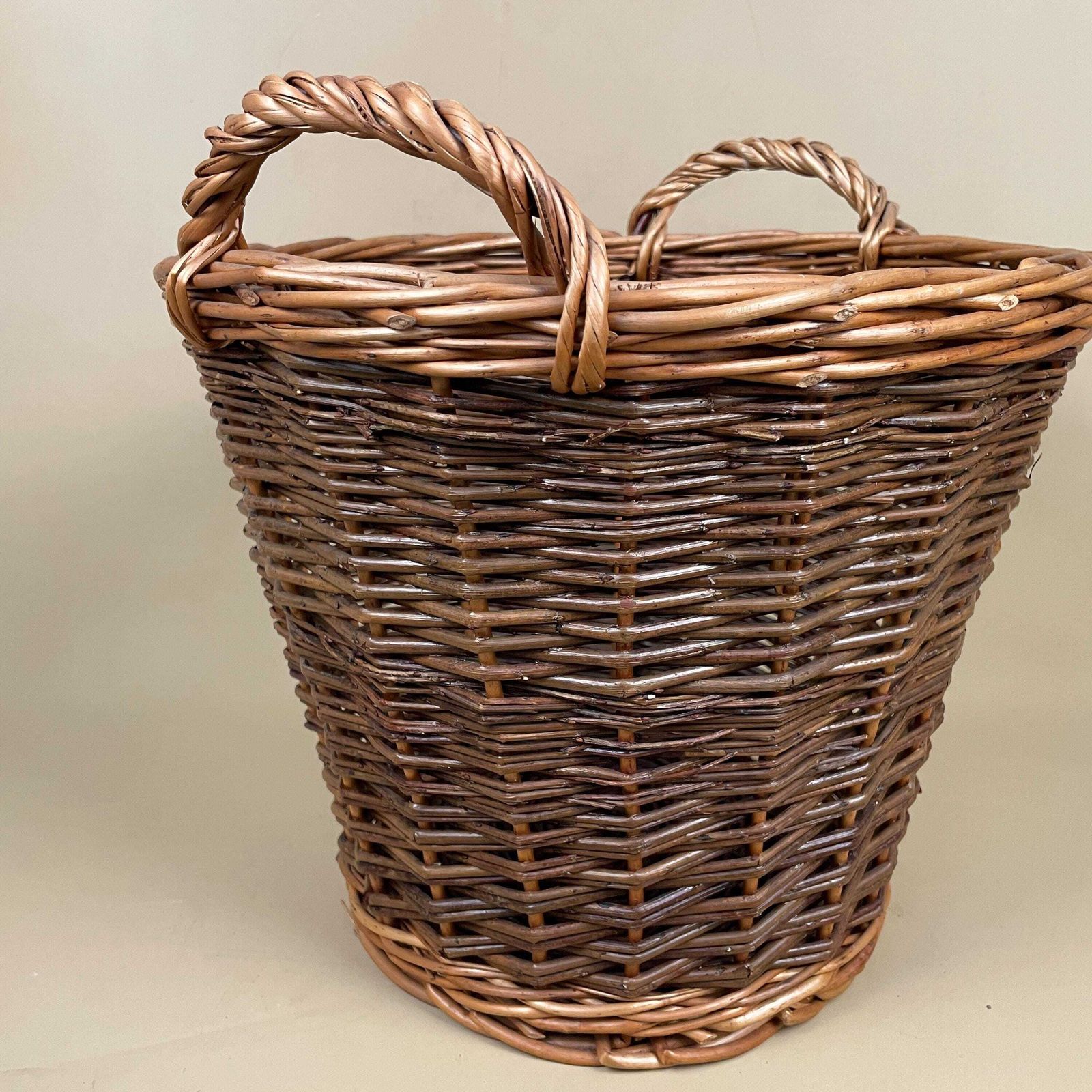 Vintage Round Basket Woven Wicker Brown Antique Storage Farmhouse Cottage Decor Cane Wood Handles Logs Fireplace Fire Side 2 Tone photo Home Decor