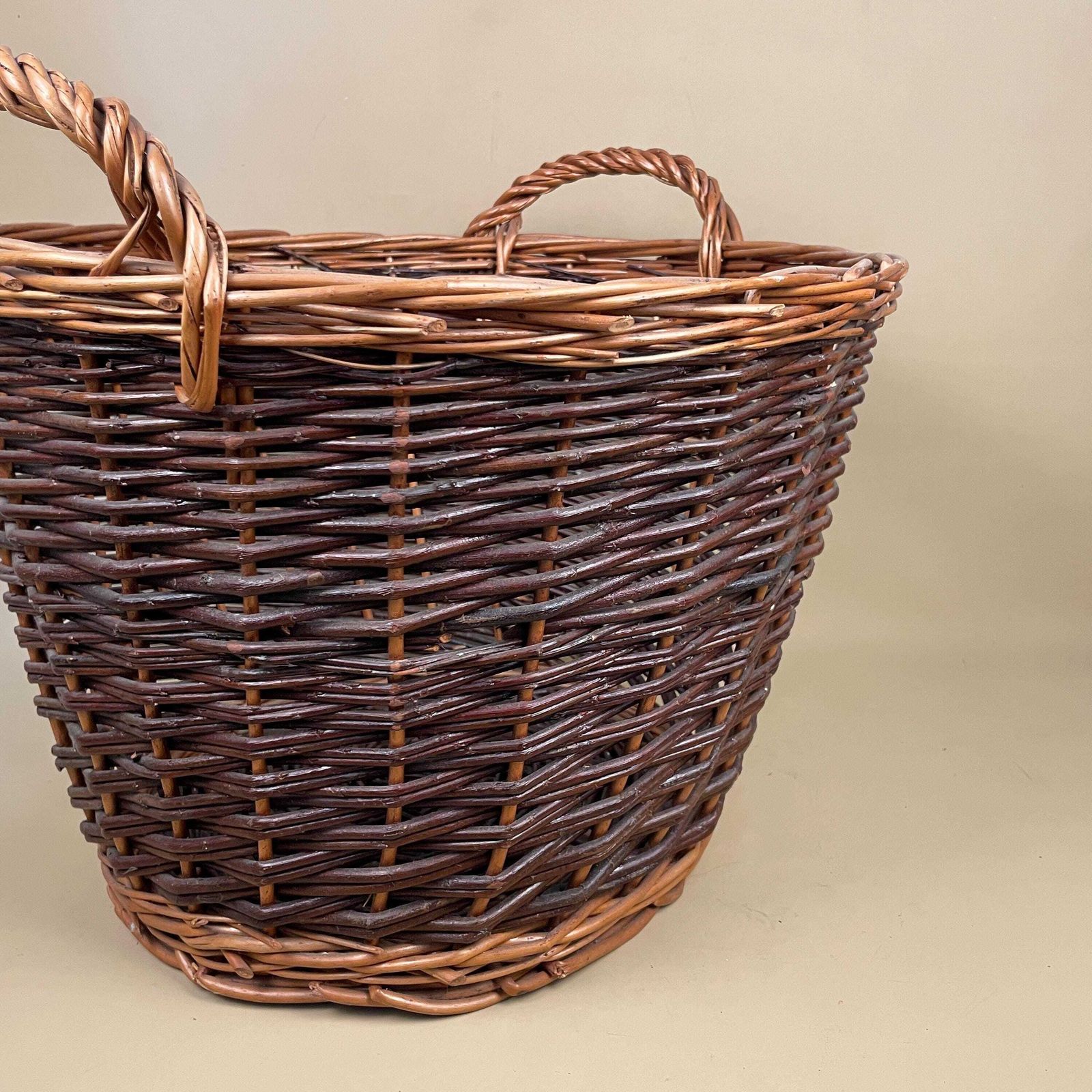 Vintage Round Basket Woven Wicker Brown Antique Storage Farmhouse Cottage Decor Large Cane Wood Handles Logs Fireplace Fire Side 2 Tone photo vintage