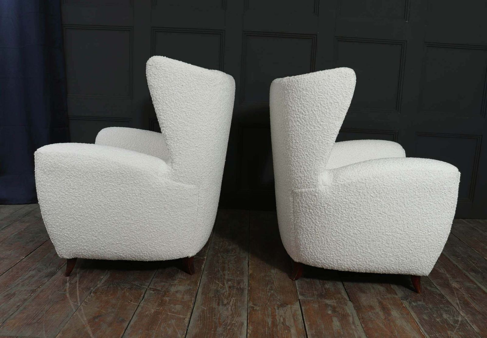 Pair Of Italian Mid Century Wingback Armchairs In Bouclé, C. 1950s photo vintage