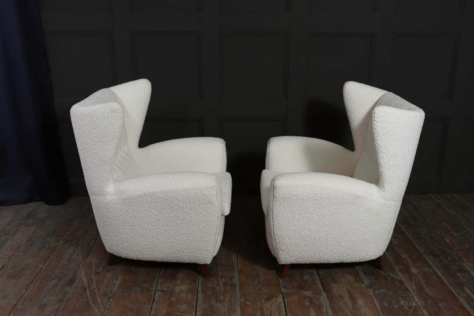 Furniture Pair Of Italian Mid Century Wingback Armchairs In Bouclé, C. 1950s photo