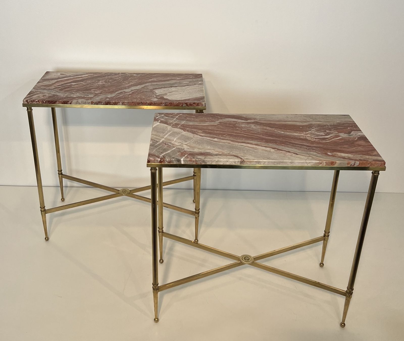 Pair Of Neoclassical Style Brass And Marble Top End Tables From Maison Jansen