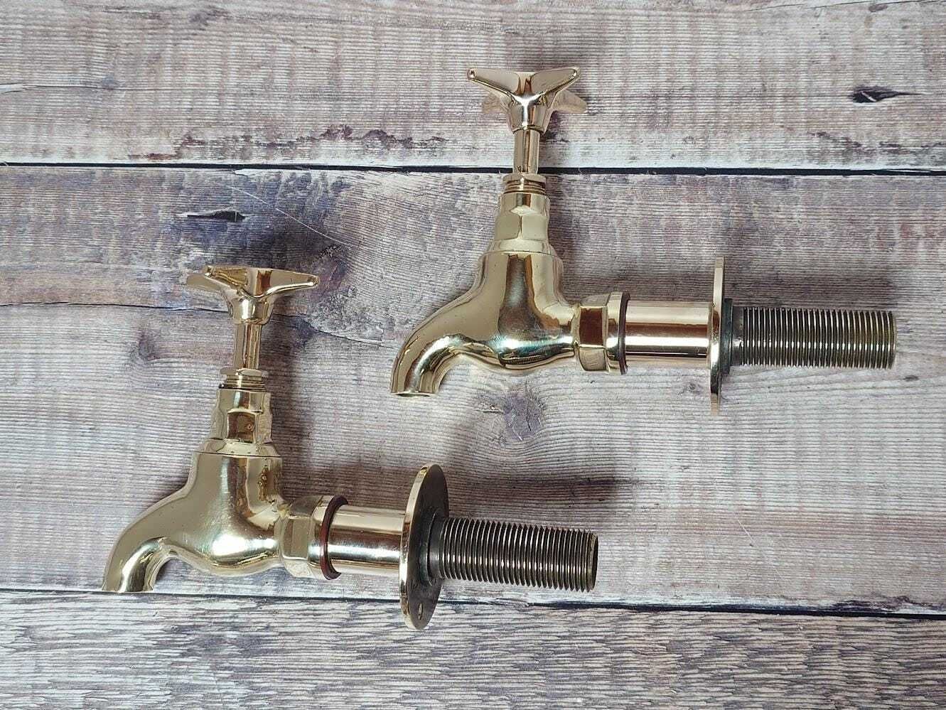 photo for sale Antique Wall Mounted Brass Bib Taps, Vintage Brass Bib Taps, Ready To Fit Brass Taps, Wall Mounted Faucets