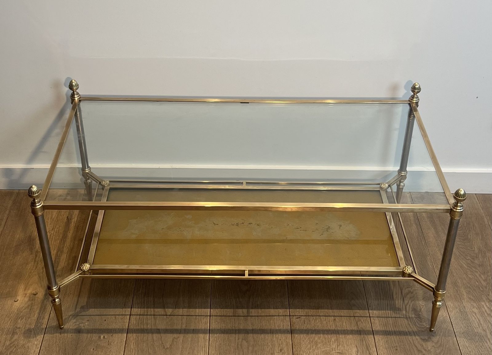Brass Coffee Table With Clear Glass Top And Gold Eglomisé Mirror From Maison Jansen photo for sale