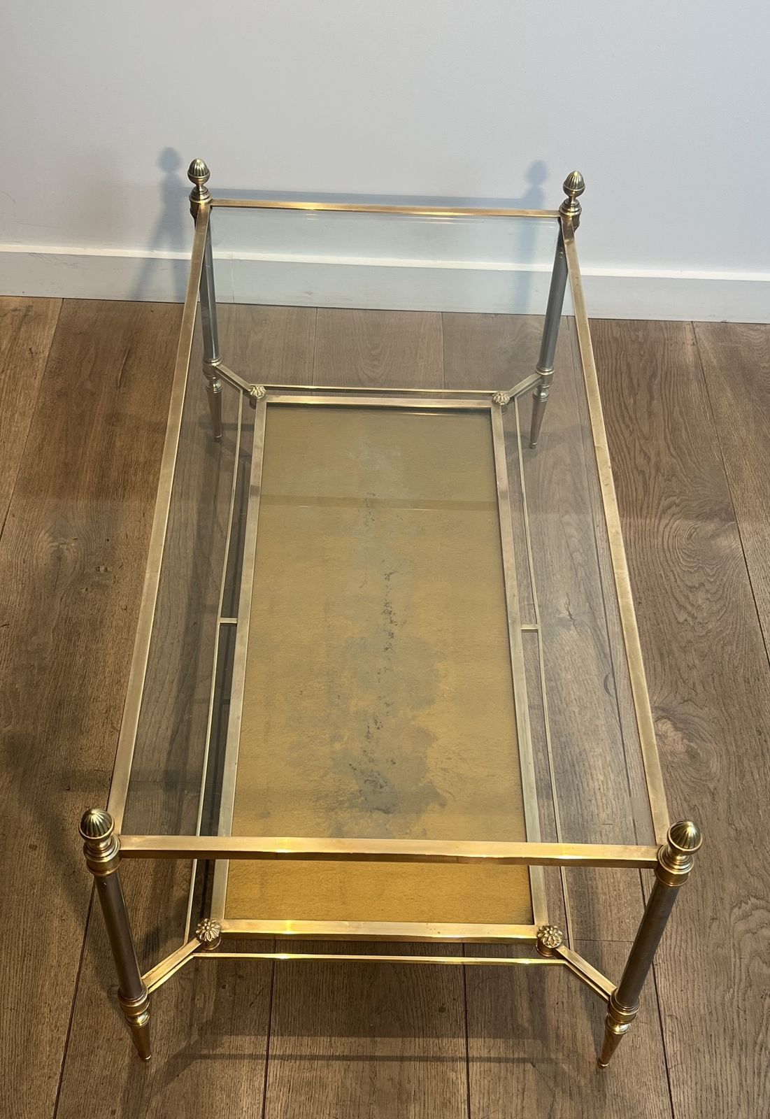 3950.0 Brass Coffee Table With Clear Glass Top And Gold Eglomisé Mirror From Maison Jansen photo