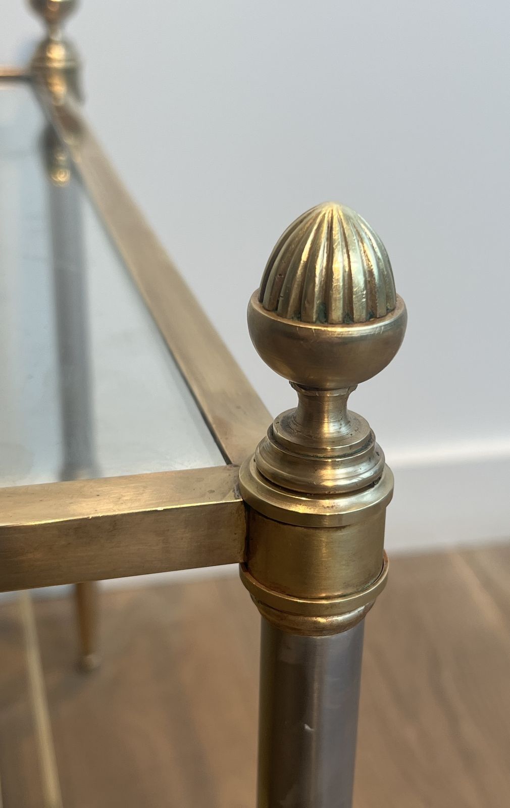 photo buy Brass Coffee Table With Clear Glass Top And Gold Eglomisé Mirror From Maison Jansen