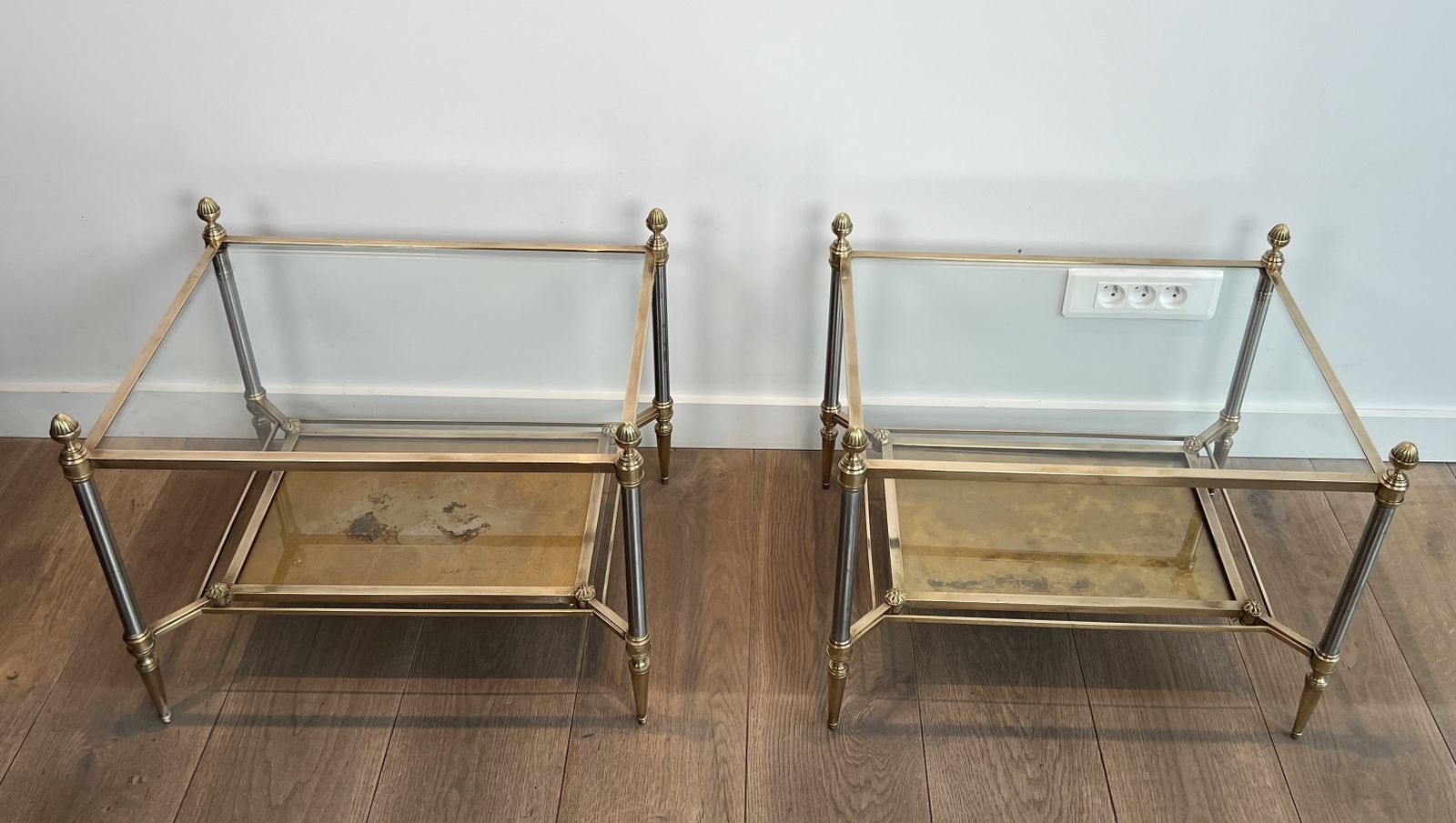 Pair Of Neoclassical Style Steel And Brass Side Tables From Maison Jansen photo for sale