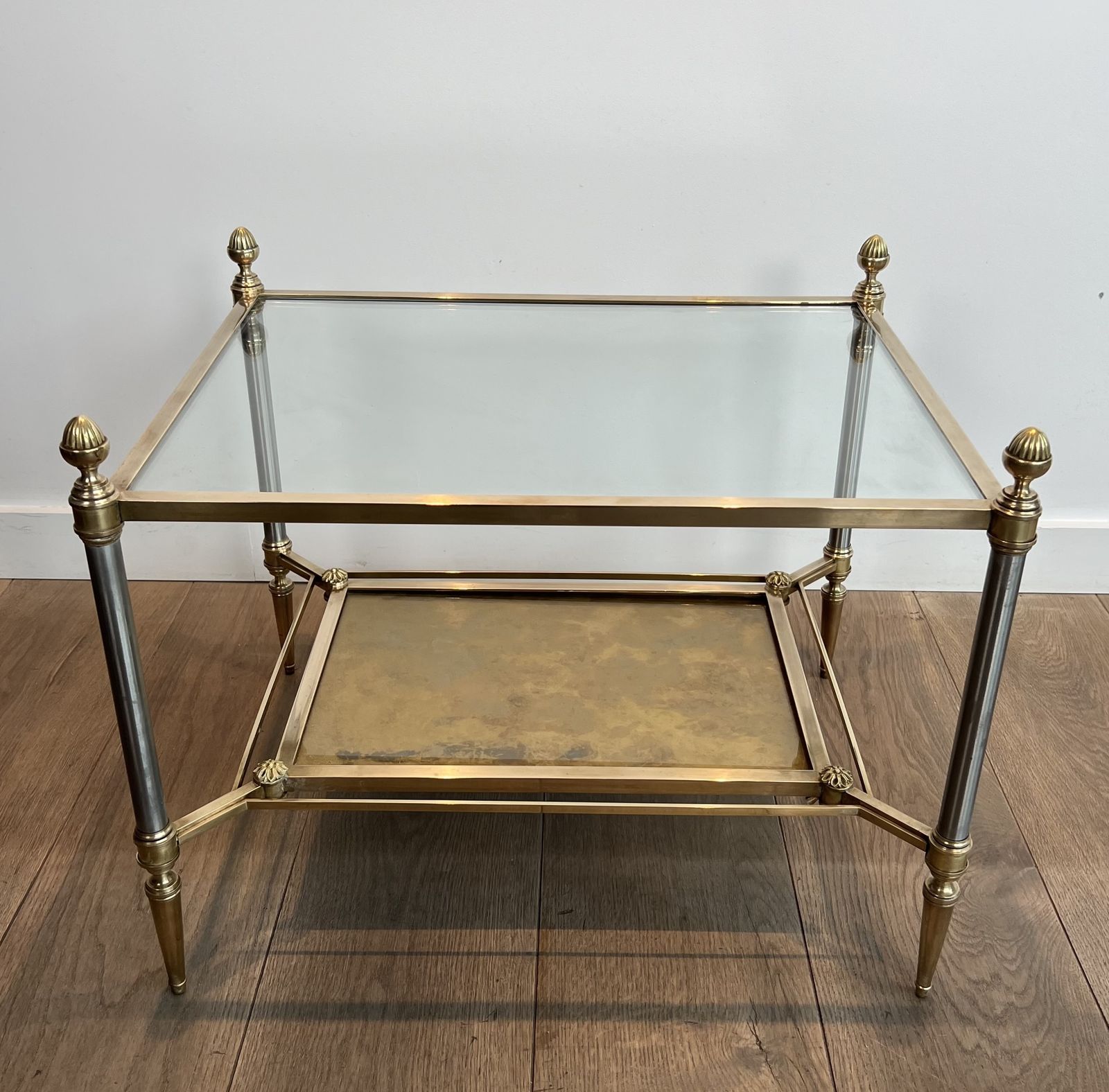 Pair Of Neoclassical Style Steel And Brass Side Tables From Maison Jansen photo vinterior
