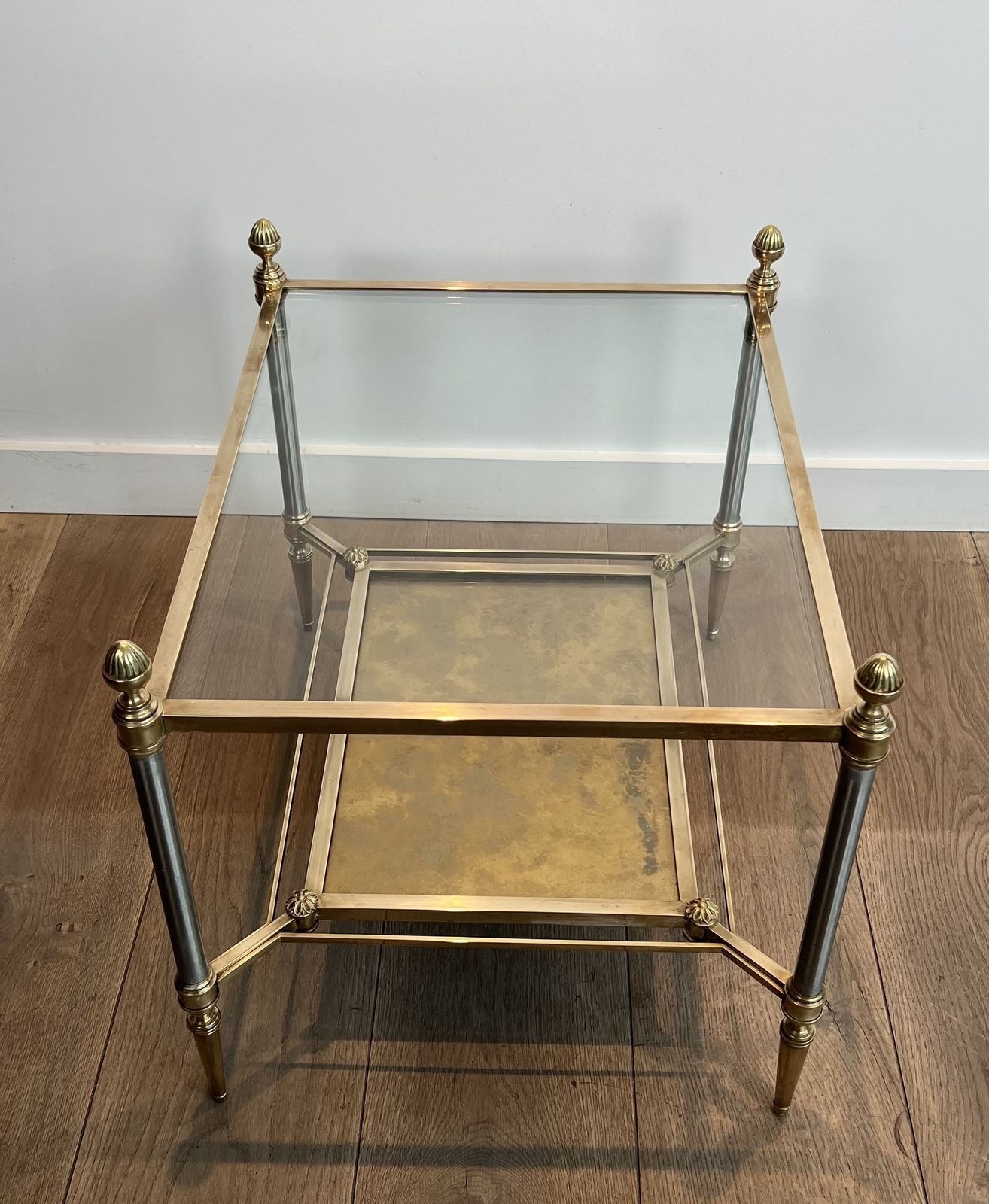 Pair Of Neoclassical Style Steel And Brass Side Tables From Maison Jansen photo vintage
