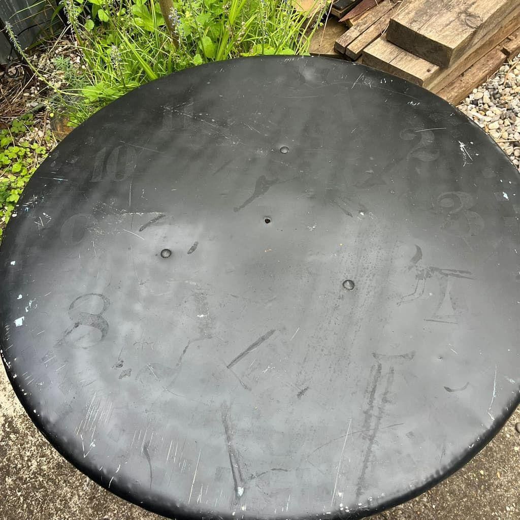 Black Metal Circular Garden Table Faded Clock Face Tripod Legs Ornate Shelf photo furniture