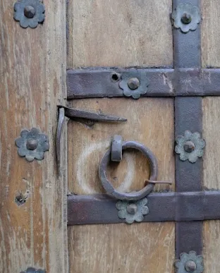 Antique Indian 18th Century Mughal Fort Door – Monumental Arched Teak Wood Entry With Hand Forged Iron Studwork | Indo Islamic Architectural Salvage photo 59000.0
